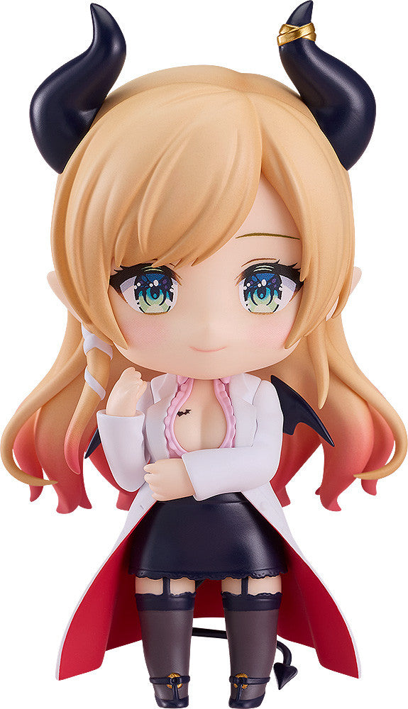 Chibi anime figure of a blonde female demon with black horns blue eyes and a white lab coat