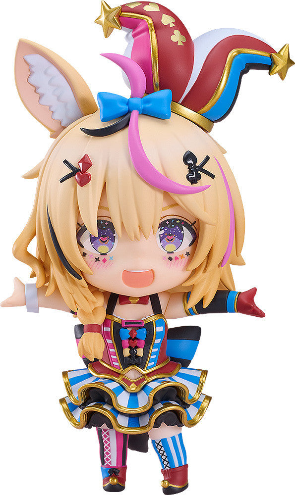 Chibi figure with blonde hair and animal ears wearing a jester hat and striped skirt on white background