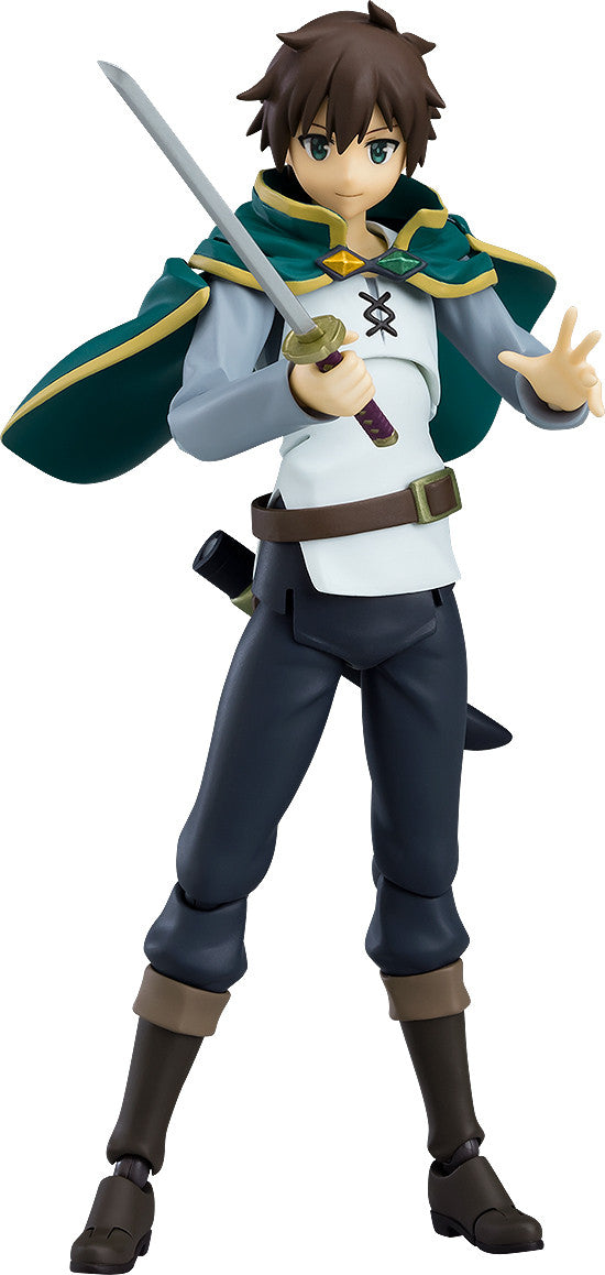 Figma Kazuma action figure holding a sword and wearing his iconic green cape white tunic and dark pants
