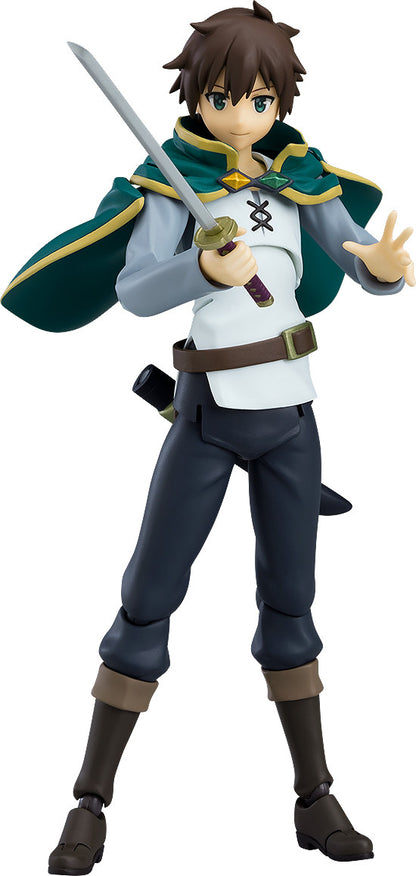 Figma Kazuma action figure holding a sword and wearing his iconic green cape white tunic and dark pants
