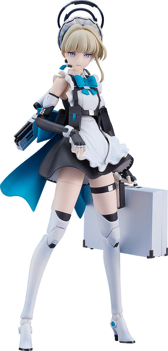 Blonde anime maid figure with cybernetic parts, in a black and white uniform with blue accents, holding a briefcase and device