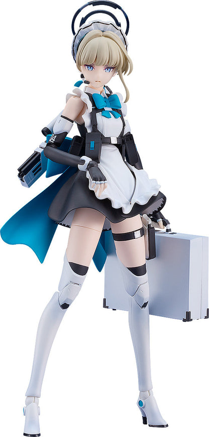 Blonde anime maid figure with cybernetic parts, in a black and white uniform with blue accents, holding a briefcase and device