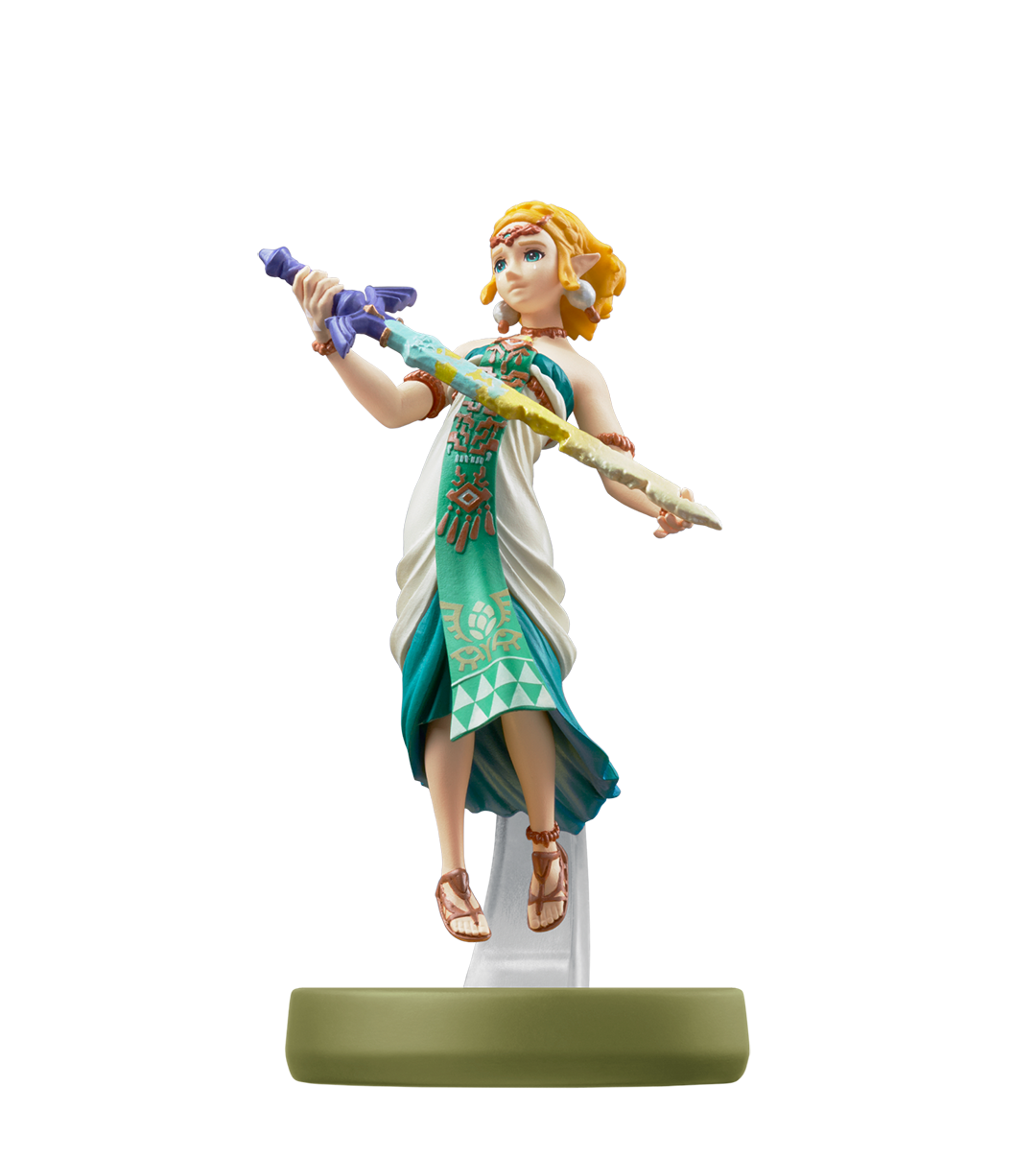 Zelda Skyward Sword Amiibo figure holding the glowing Goddess Sword aloft