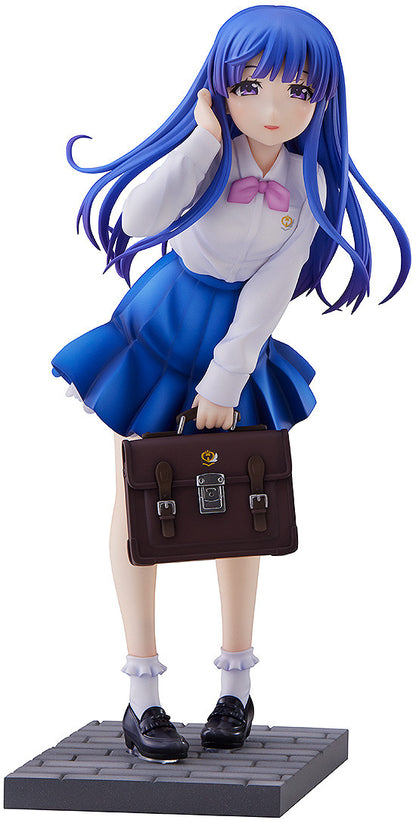 Featuring Rika in her blue school uniform with a cheerful pose
