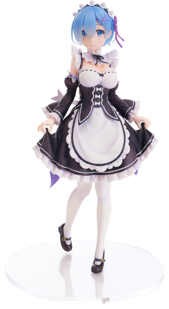 Anime figure of Rem from ReZero in her black and white maid outfit standing