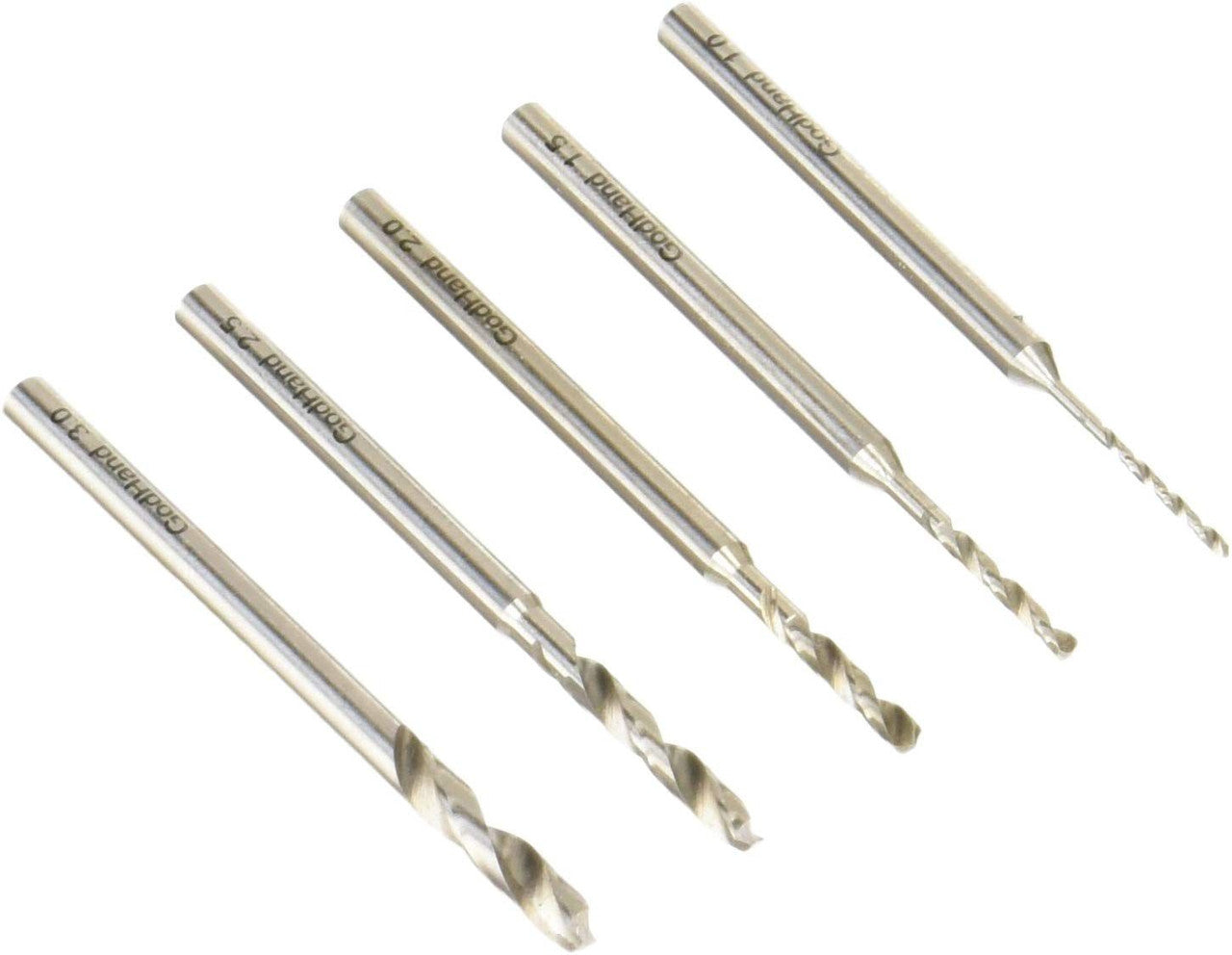 Five silver GodHand B Drill Bits of varying sizes, from 1.0 to 3.0, are arranged diagonally on a white background