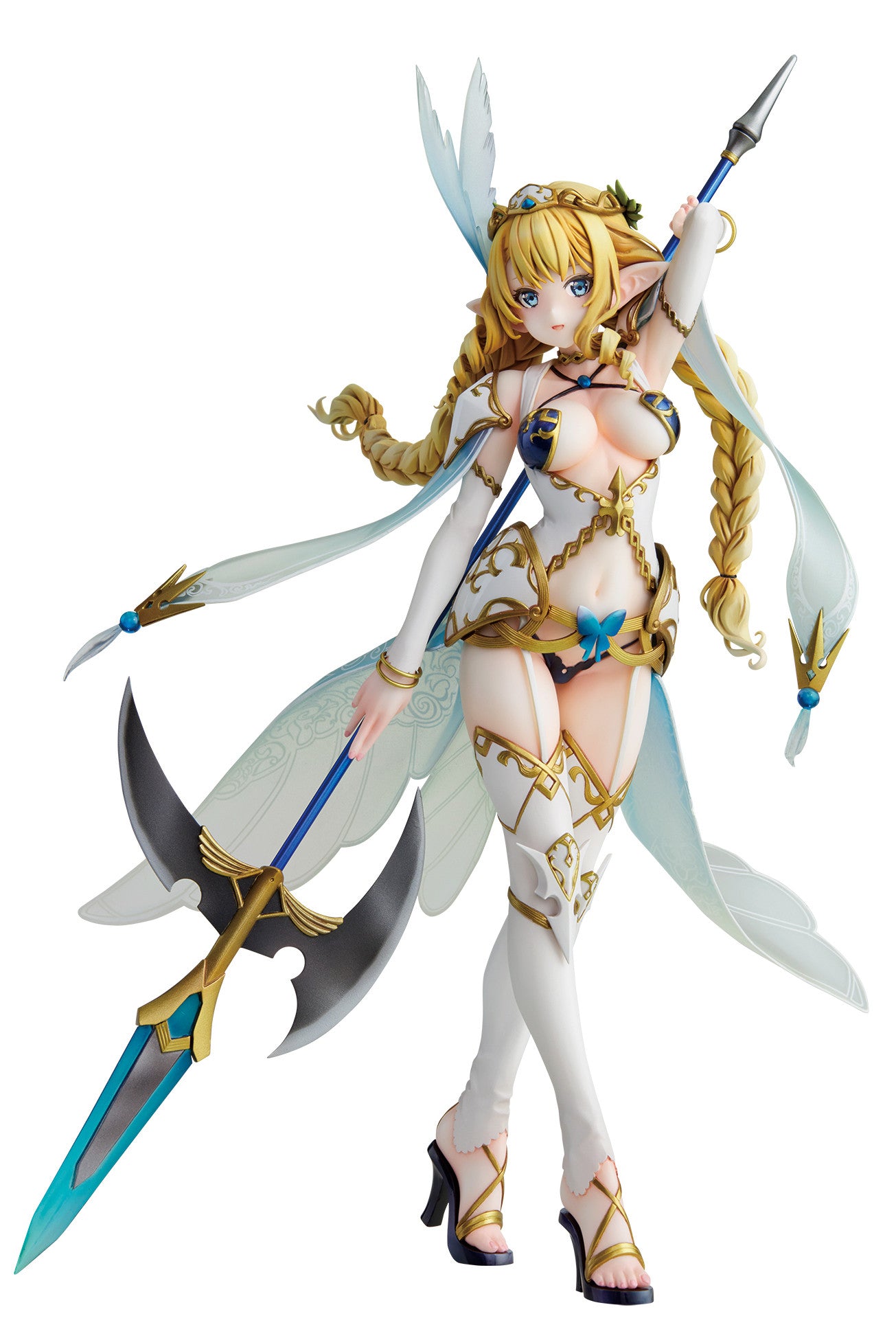 Anime figure of elf character from 129 in white and gold outfit with spear