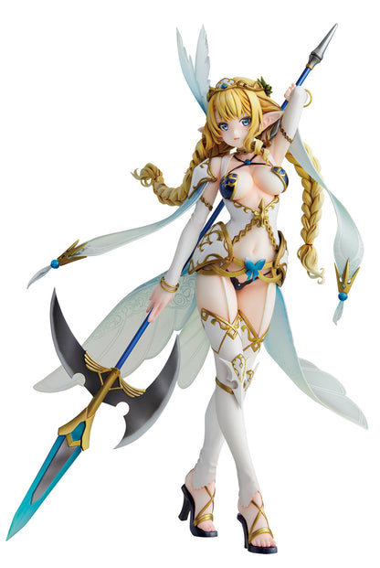 Anime figure of elf character from 129 in white and gold outfit with spear