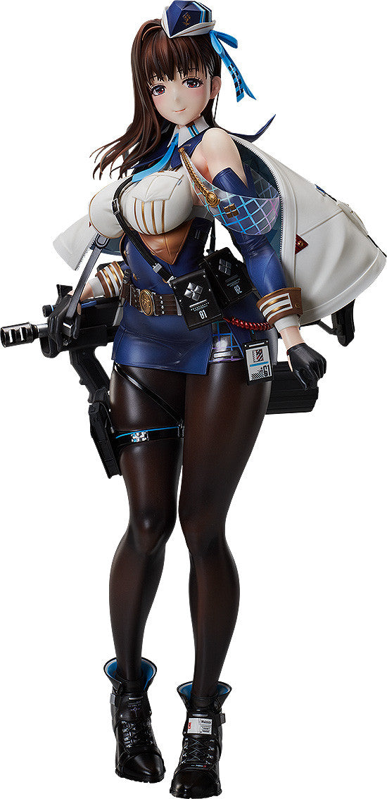 Full-body anime figurine: A smiling woman in a blue military-style uniform, white jacket, dark tights, carrying a rifle and pistol.