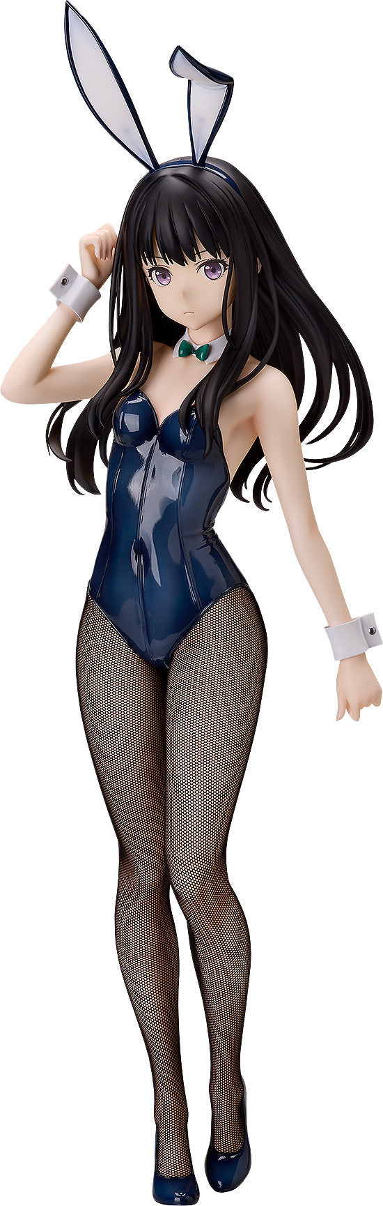A Takina Inoue bunny version figure in a shiny dark blue suit, fishnet stockings, white cuffs, green bow tie, and white bunny ears