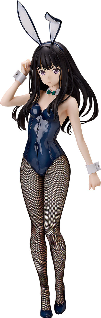 A Takina Inoue bunny version figure in a shiny dark blue suit, fishnet stockings, white cuffs, green bow tie, and white bunny ears