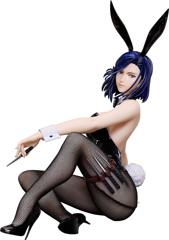 Dark-haired woman in black bunny suit with ears and fishnets, holding a knife