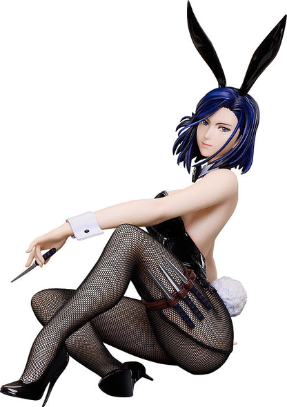 Dark-haired woman in black bunny suit with ears and fishnets, holding a knife