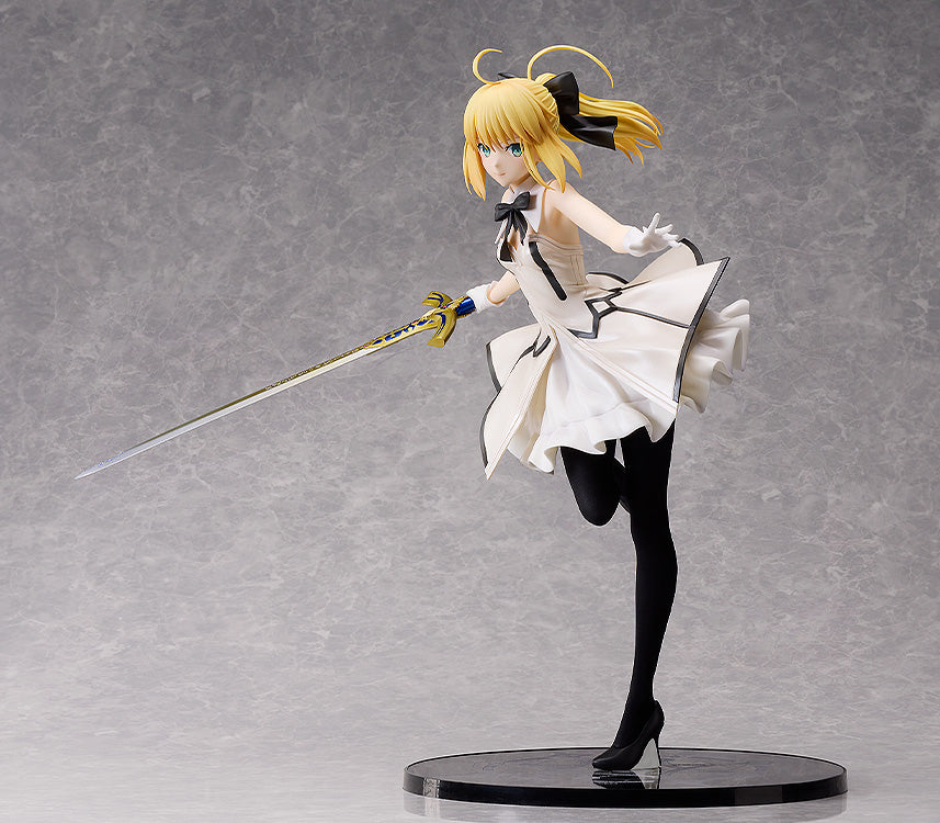 Good Smile Company FateGrand Order Saber Altria Pendragon Lily 14 scale figure in white dress black bow and heels wielding Excalibur
