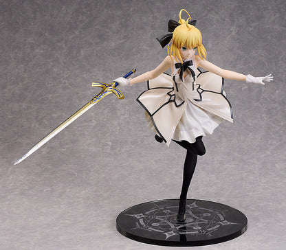FateGrand Order Saber Altria Pendragon Lily 14 Scale Figure Blonde anime girl in white dress black tights and holding Excalibur sword on a black base