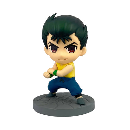 Yu Yu Hakusho mini figure of Yusuke Urameshi in fighting stance with yellow shirt and blue pants on a gray base