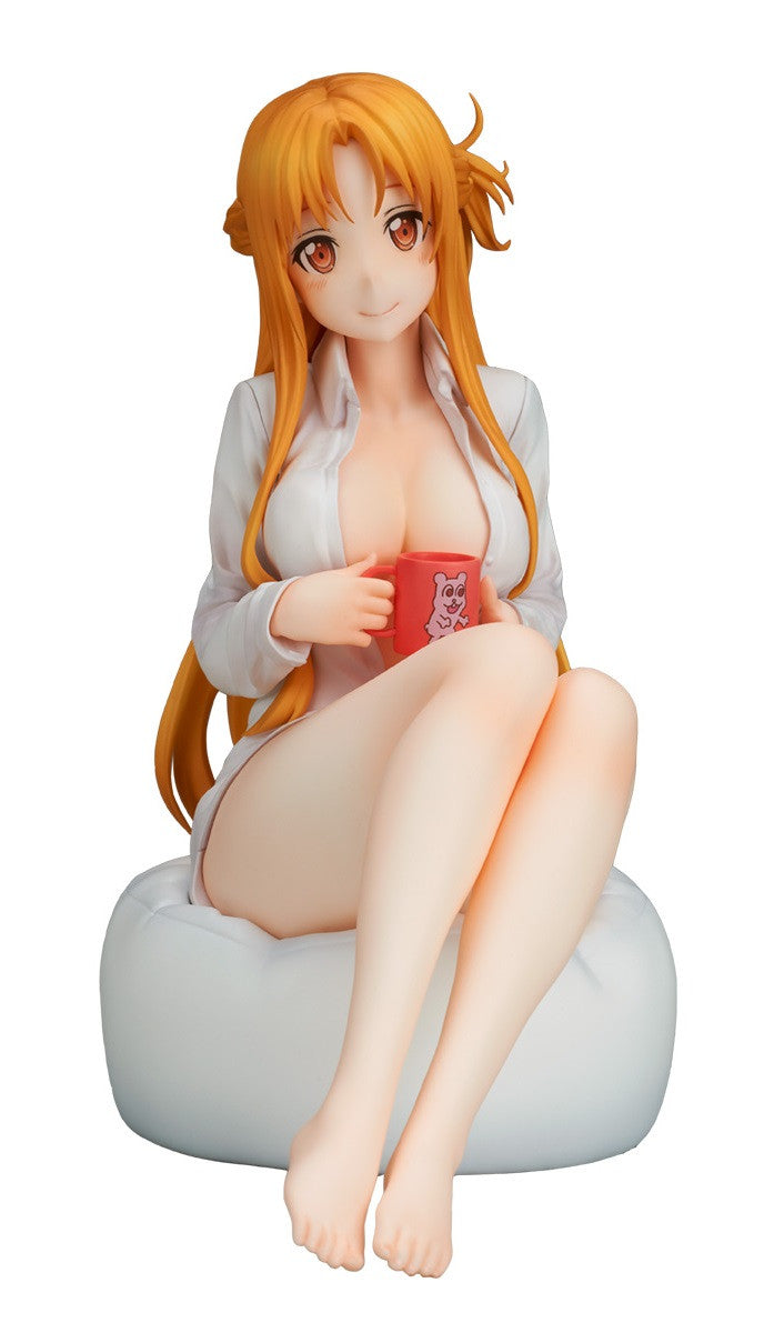 Front view of Asuna Yuuki seated cross-legged in a white oversized shirt, barefoot, on a smooth circular base
