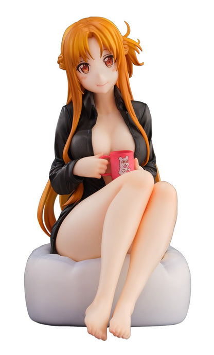 Full view of Asuna Yuuki figure sitting with legs outstretched, wearing an oversized Kirito shirt, set on a circular stone-textured base