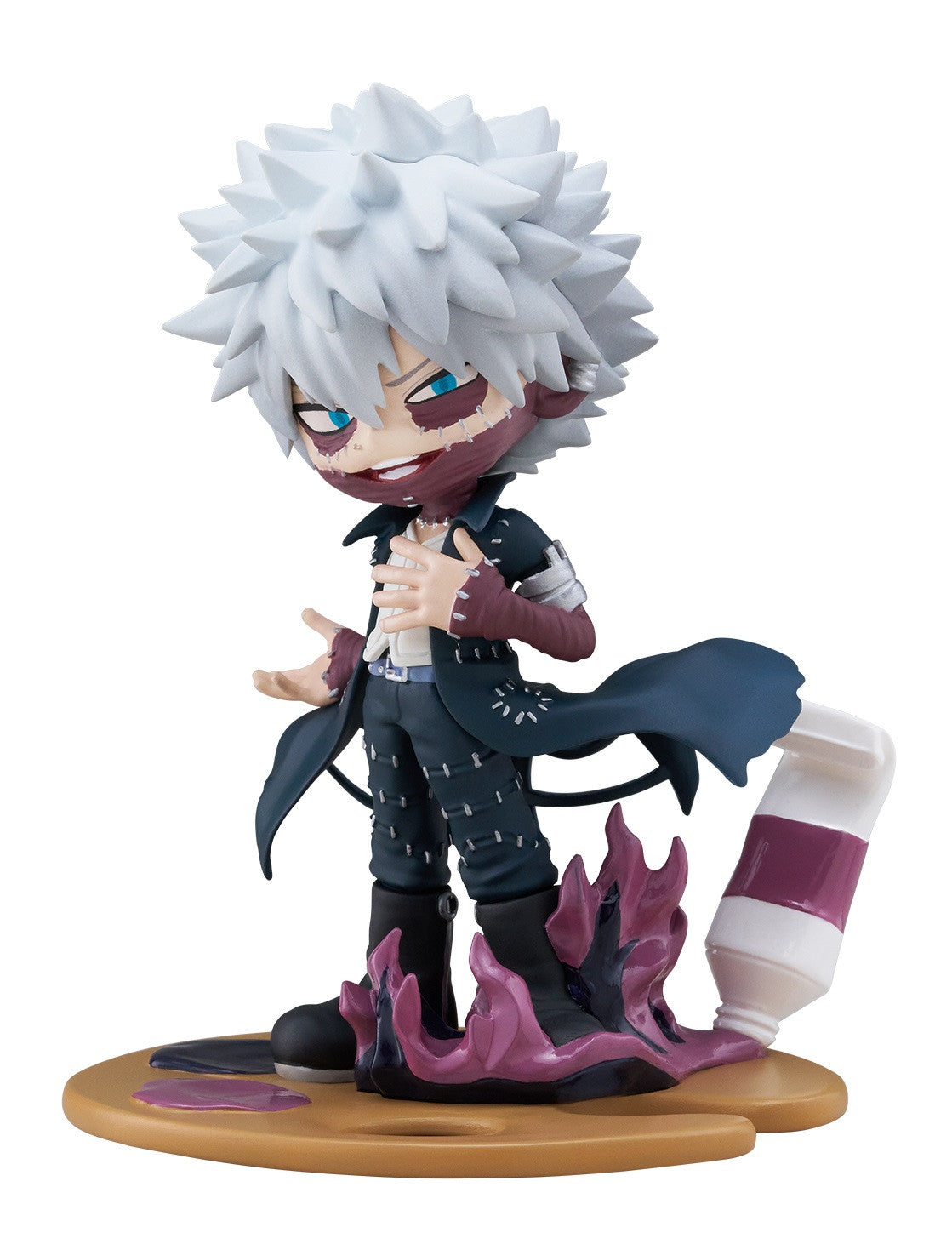 Chibi Dabi figure with white spiky hair, blue eyes, stitched purple skin. Purple flames on a palette with a paint tube