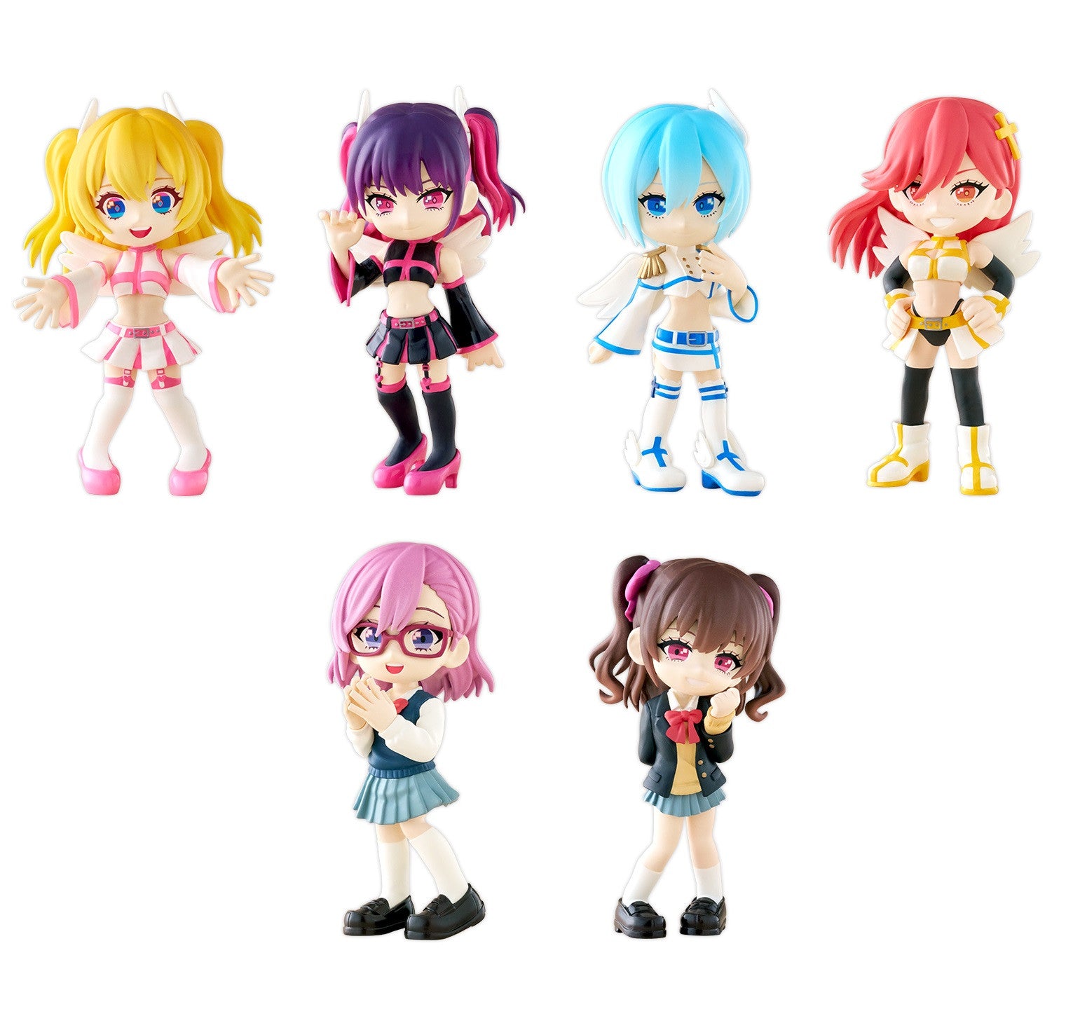 Six anime-style chibi figurines in various poses; four in vibrant idol/fantasy outfits with wings, two in school uniforms