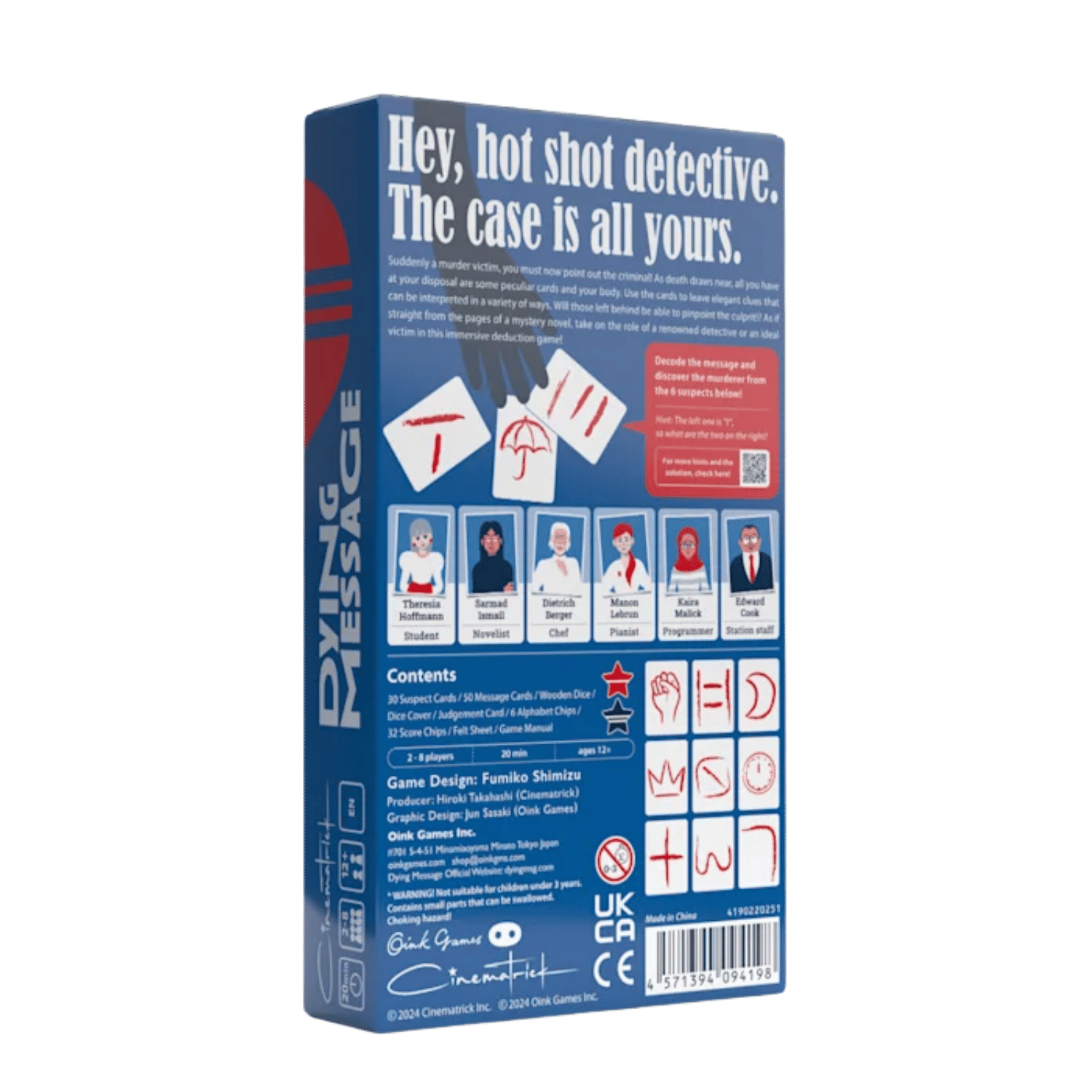 The Oink Games Dying Message board game box shows the title, game description, suspect cards, character portraits, contents list, game details, and mechanic symbols on a blue background