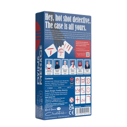 The Oink Games Dying Message board game box shows the title, game description, suspect cards, character portraits, contents list, game details, and mechanic symbols on a blue background
