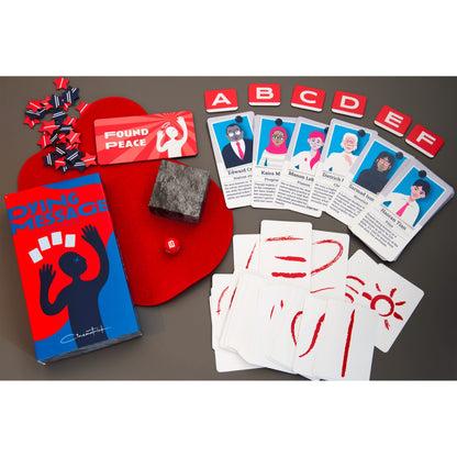 Dying Message board game components including a red box, character cards, white cards with red symbols, star tokens, a red die, and a stone-like block