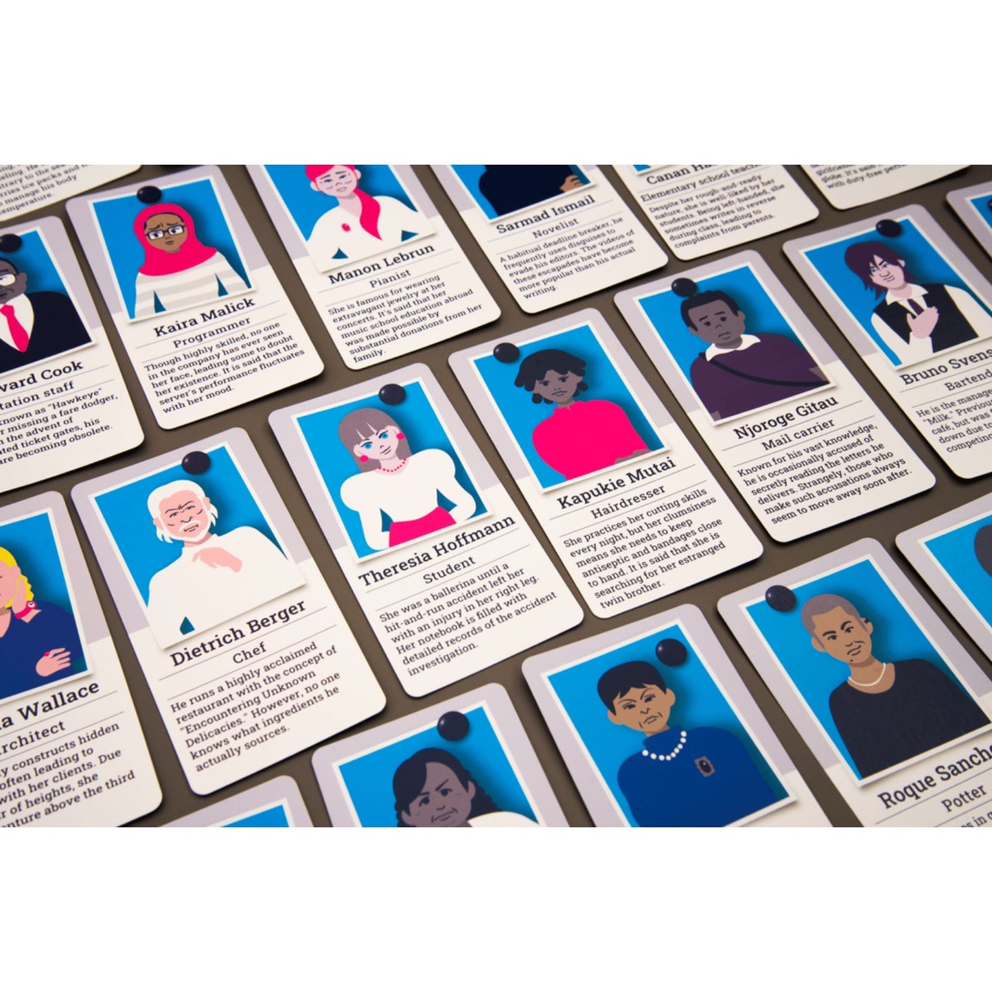 Several character cards from the Oink Games Dying Message game laid out on a dark surface, each with an illustrated person and descriptive text