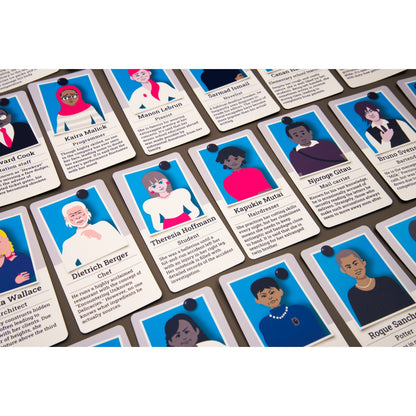 Several character cards from the Oink Games Dying Message game laid out on a dark surface, each with an illustrated person and descriptive text