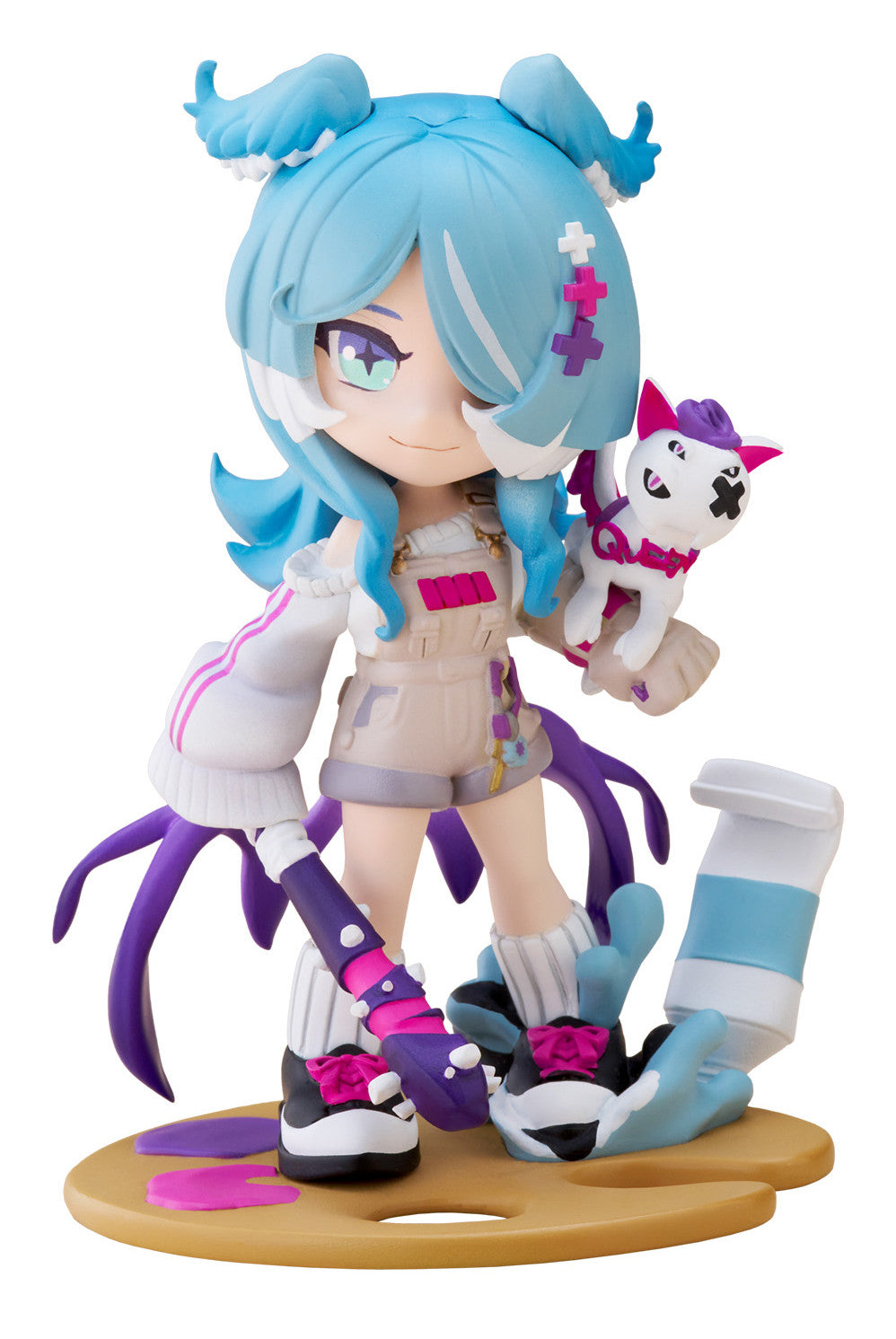 Anime girl figurine with blue hair and purple plus signs holding a small white cat with pink accents on white background