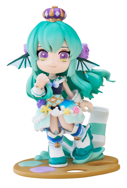 Nendoroid figure of Mori Calliope in colorful mermaid-style outfit with crown and paint palette base on white backgrond