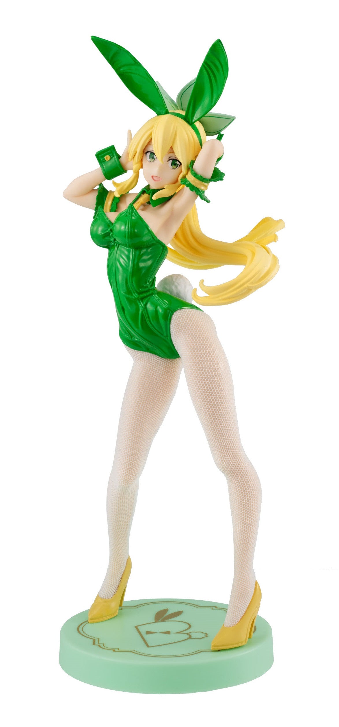 Blonde anime figure in a green leaf-eared bunny suit, white fishnets, and yellow heels, posing with hands near head
