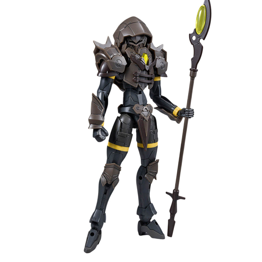 Full-body shot of the 30MF Rosan Wizard model kit, depicting a dark armored hooded figure with yellow details and a large staff topped by a glowing green oval blade