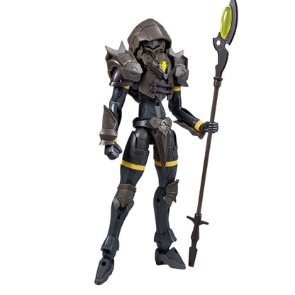 Full-body shot of the 30MF Rosan Wizard model kit, depicting a dark armored hooded figure with yellow details and a large staff topped by a glowing green oval blade