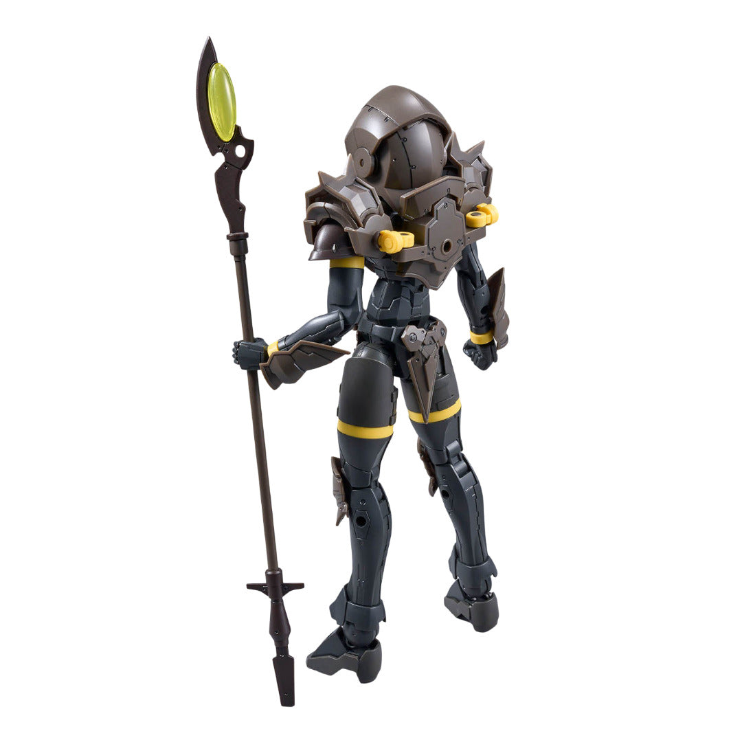 The Rosan Wizard plastic model features dark grey and brown armor with yellow highlights, posed holding a long staff weapon tipped with a vibrant neon green orb