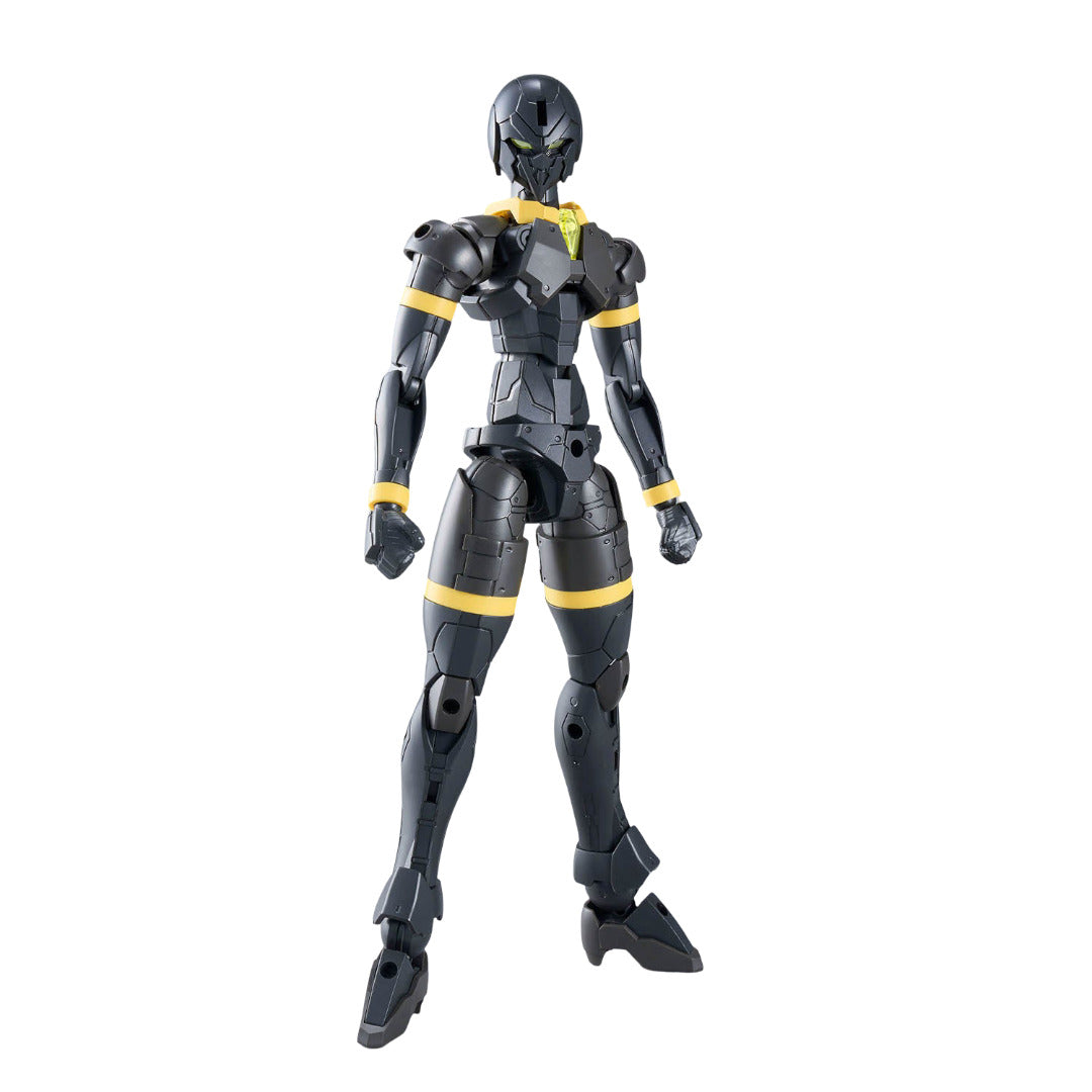 The 30MF Rosan Wizard base figure is a dark grey humanoid robot model kit featuring yellow accent bands on the limbs and a glowing green detail on the chest and visor