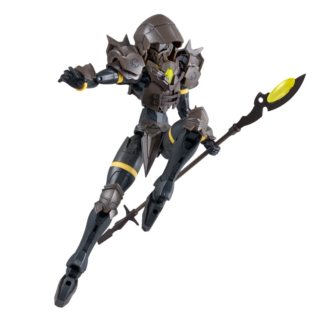 This dark armored 30MF Rosan Wizard model kit is posed dynamically mid-leap and holds a long staff weapon tipped with a vibrant yellow blade
