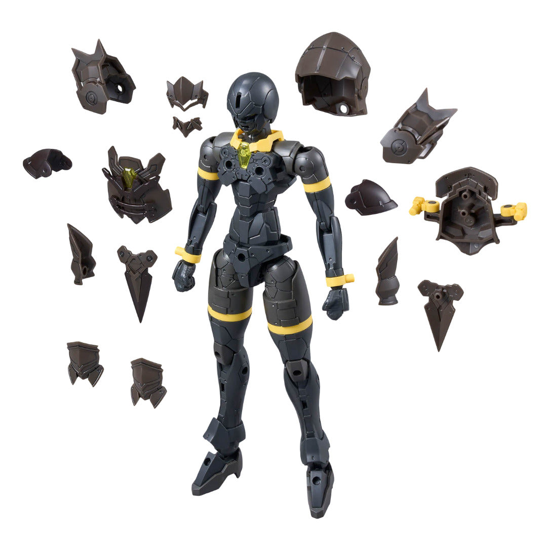 A dark grey and yellow 30MF Rosan Wizard base figure stands among its many detached, spiky dark brown armor pieces in an exploded view presentation