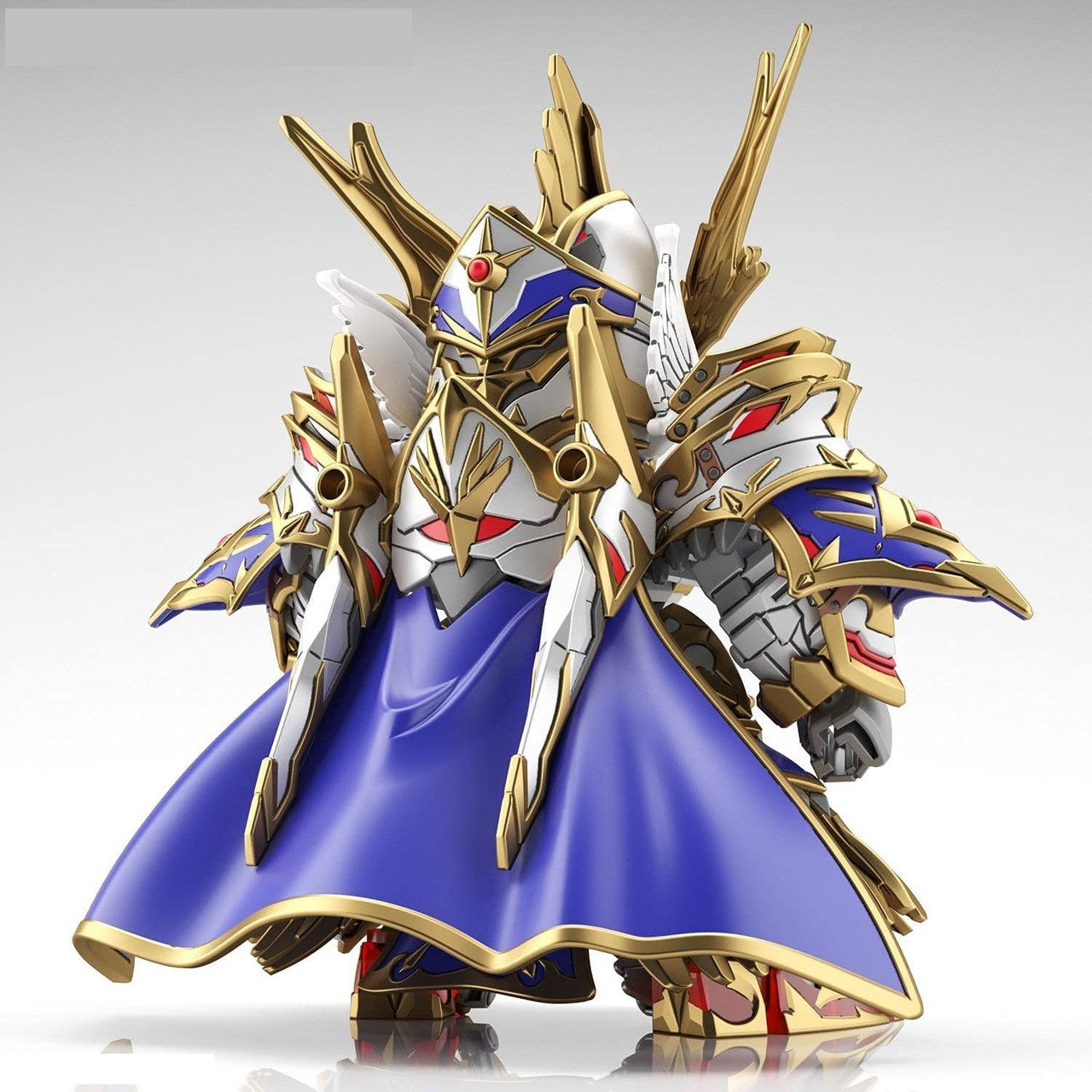 Chibi-style knight mecha figure in ornate white and gold armor, wearing a long blue cape