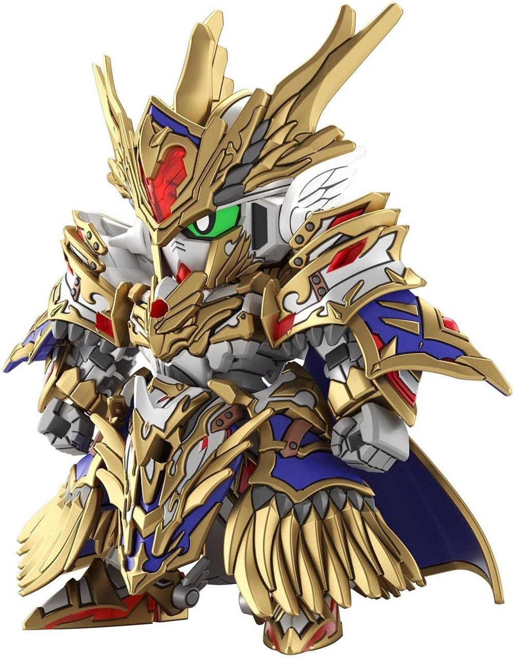 Detailed super-deformed knight mecha model, featuring ornate gold and white armor