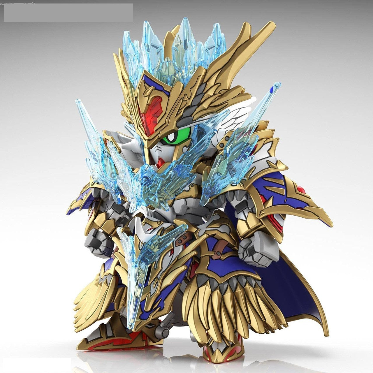 Chibi mecha figure in ornate gold and blue knight armor, covered with translucent light blue crystal effect parts