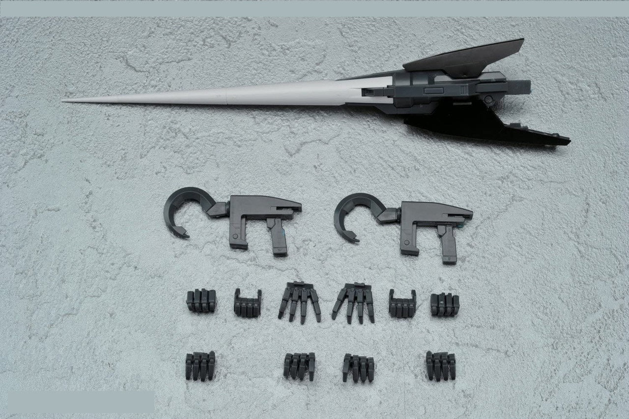Gray mecha accessories: long lance, two hook weapons, and multiple interchangeable hands