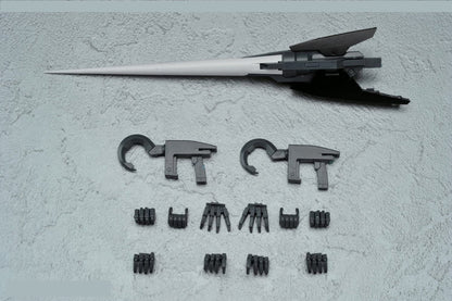 Gray mecha accessories: long lance, two hook weapons, and multiple interchangeable hands