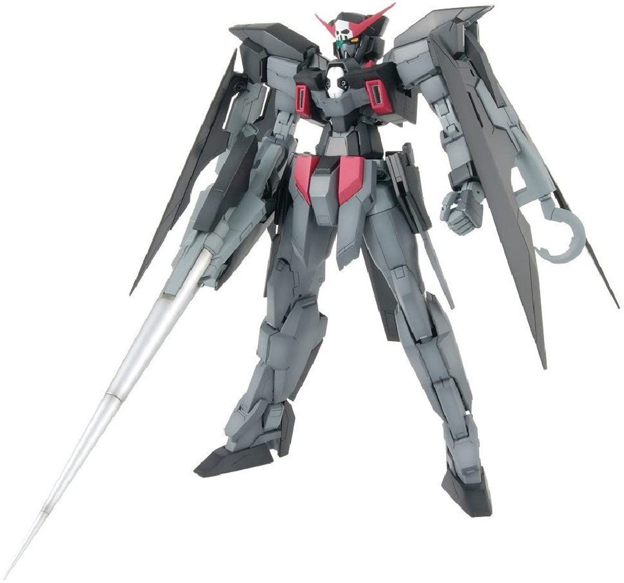 Dark gray mobile suit model with a skull face and red trim, holding a massive silver lance