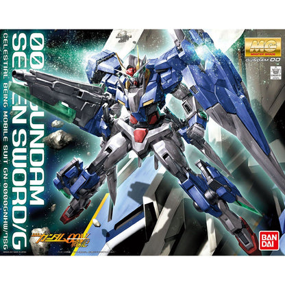 Box art for the Mg 1100 00 Gundam Seven Swordg model kit showing a blue, grey, and white robot with weapons in a starry space scene