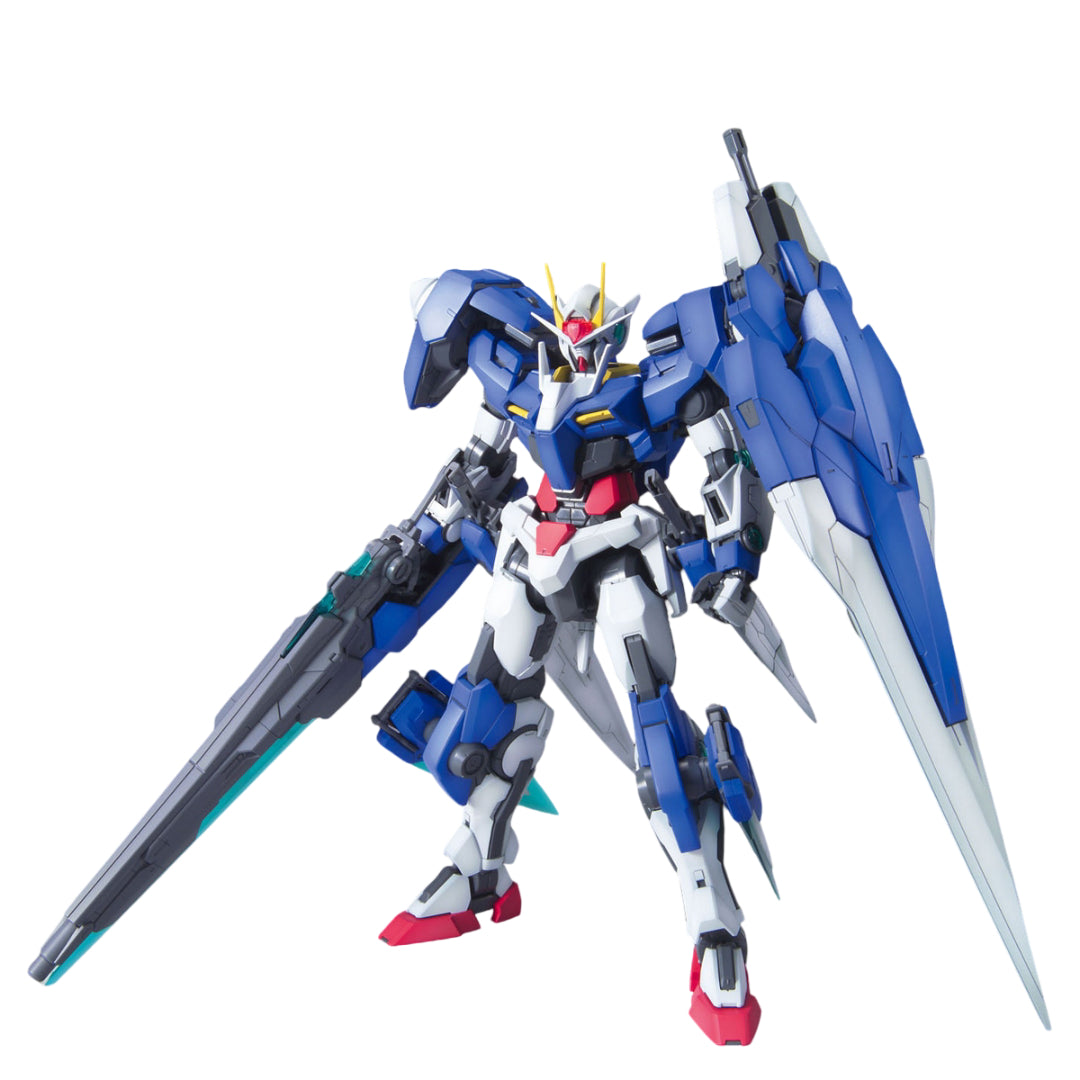 A blue, white, and red Mg 1100 00 Gundam Seven Swordg model with a long rifle and large back wings stands on a white background