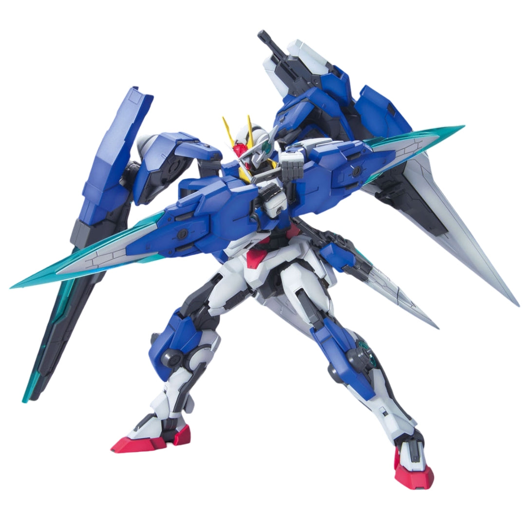 A blue and white Mg 1100 00 Gundam Seven Sword G model kit in a dynamic pose, wielding two large beam swords