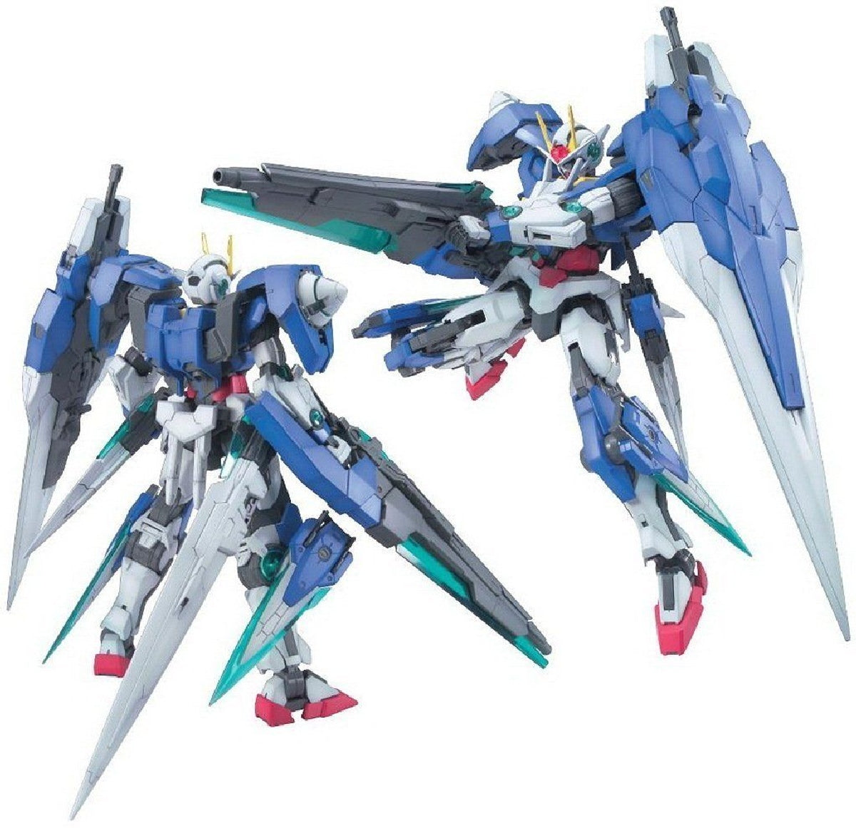 Two Mg 1100 00 Gundam Seven Swordg models are shown in dynamic poses, one holding a large rifle and another standing with swords attached to its limbs