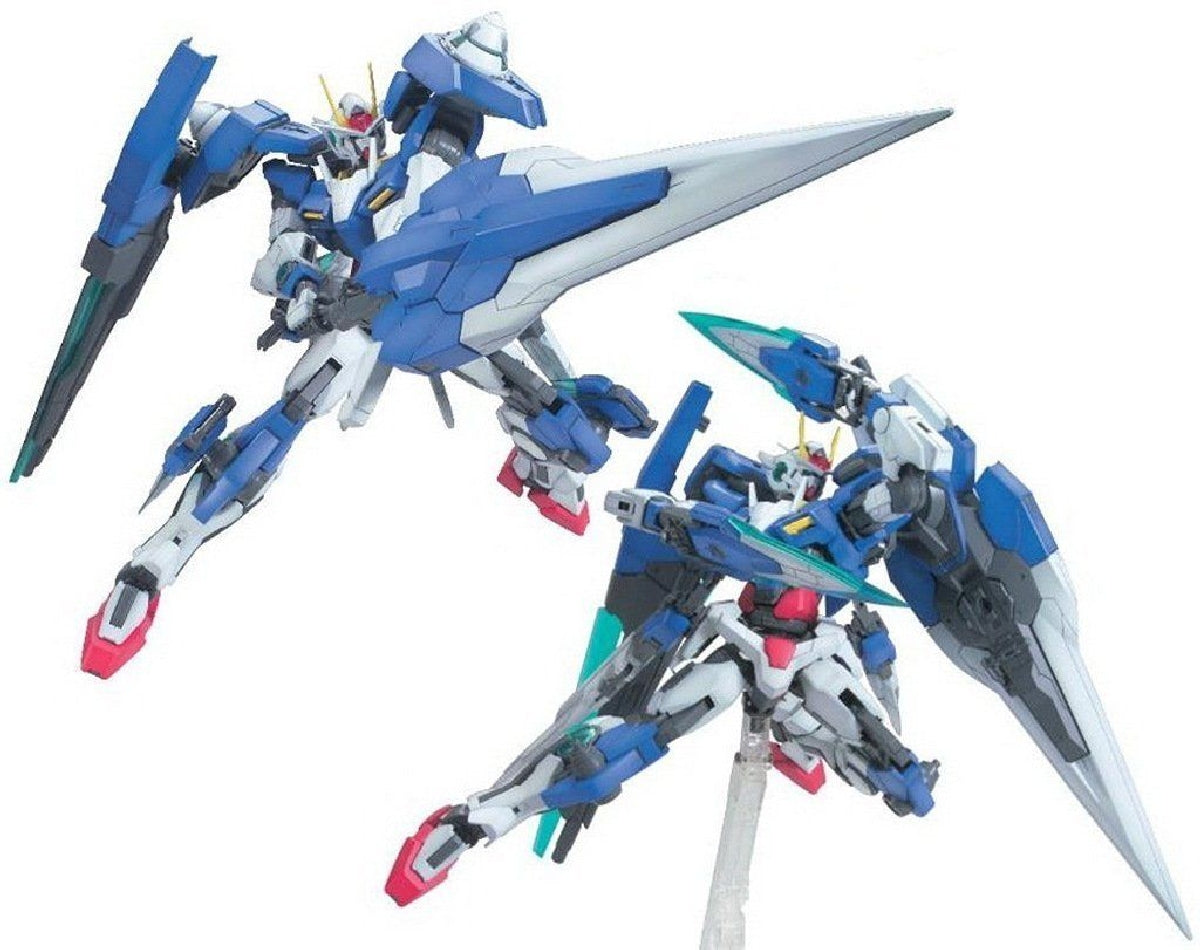 Two blue and white Mg 1100 00 Gundam Seven Swordg model kits, one flying and another standing on a clear base, both with large swords