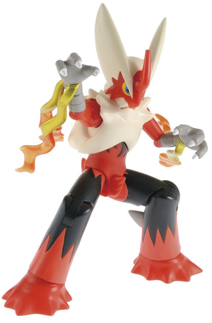 Pokemon Model Kit Mega Blaziken action figure with red, black, and cream coloring, standing in a dynamic pose with flame-like details